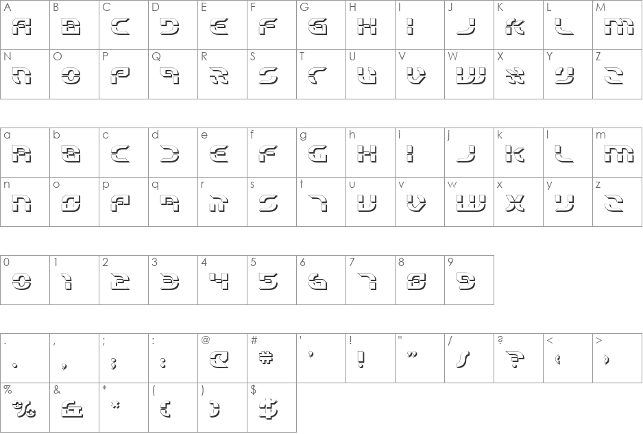 Starfighter Beta 3D font character map preview