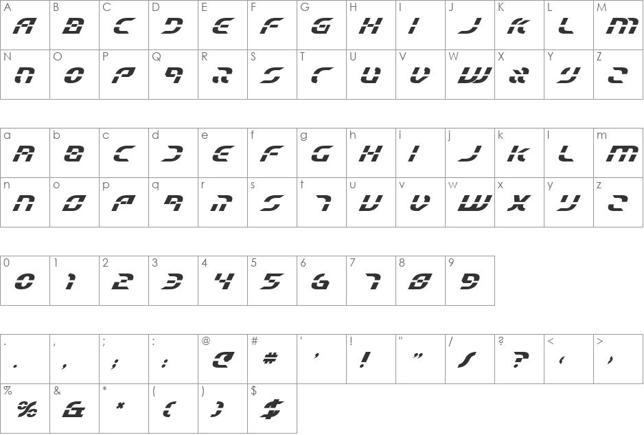 Starfighter Beta Bold Italic font character map preview
