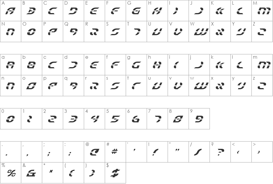 Starfighter Italic font character map preview