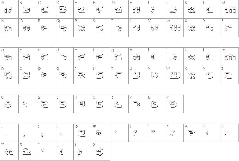 Starfighter Shadow font character map preview