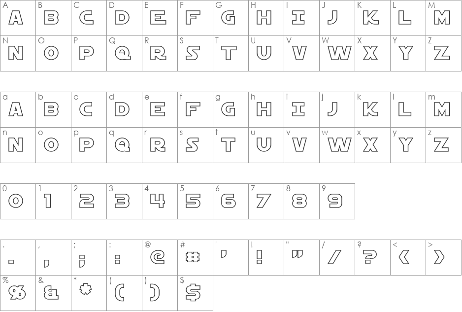 Starkiller Outline font character map preview