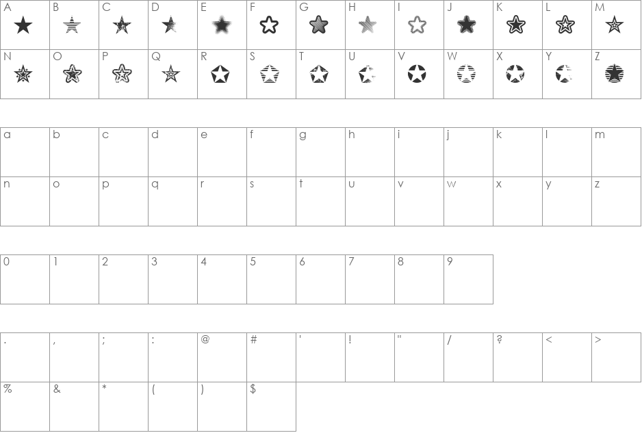 STARZ 2 font character map preview