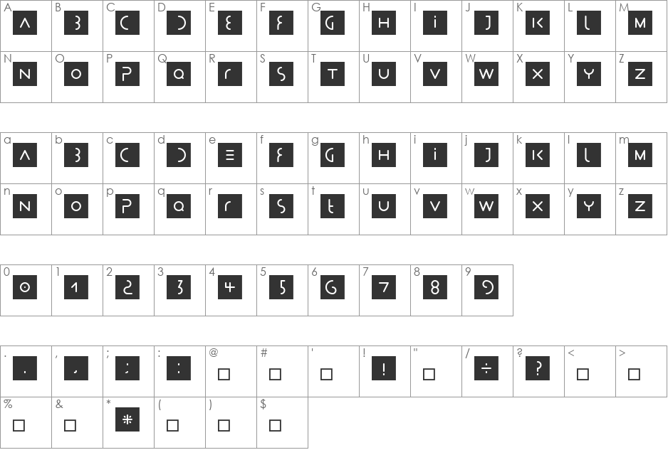 Stealth font character map preview