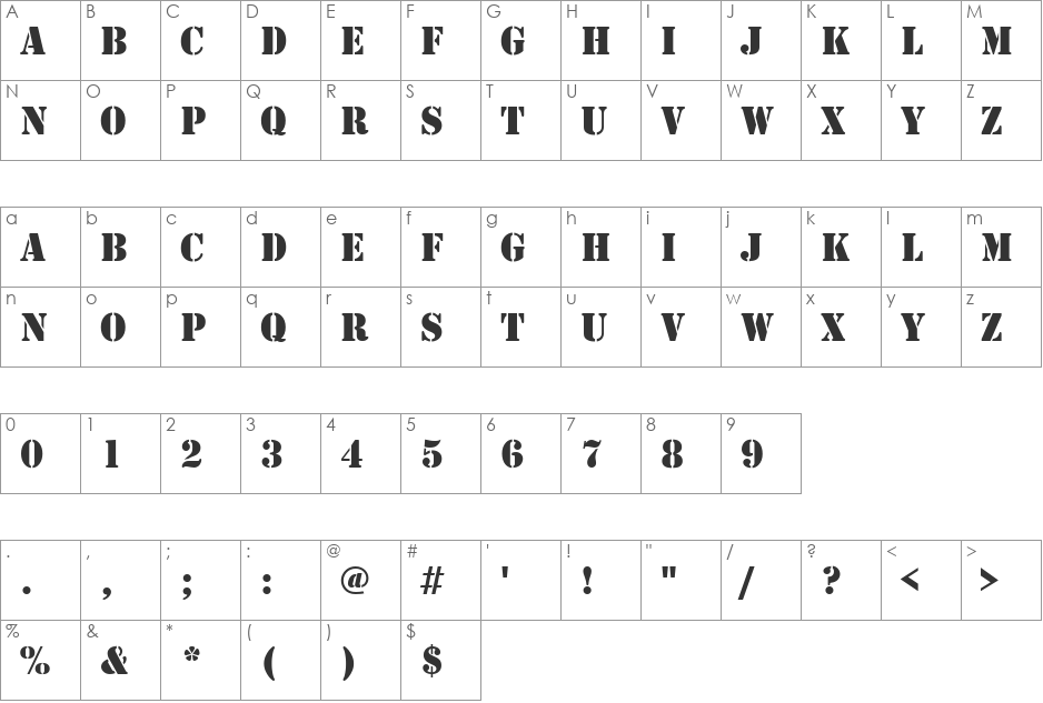 Stencil font character map preview