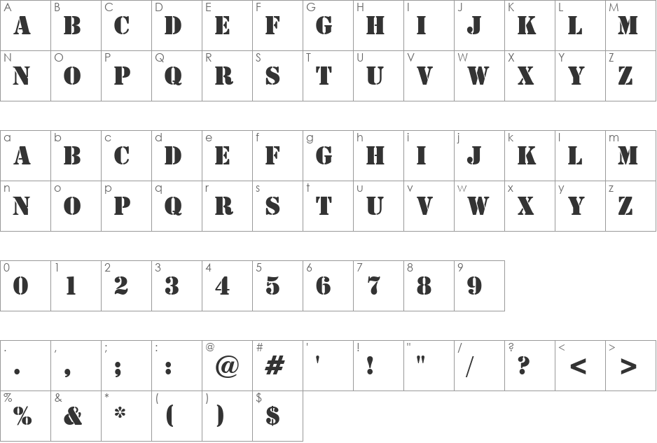 Stencil BT font character map preview