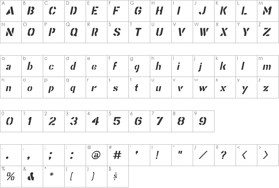 Stencil Gothic Italic JL font character map preview