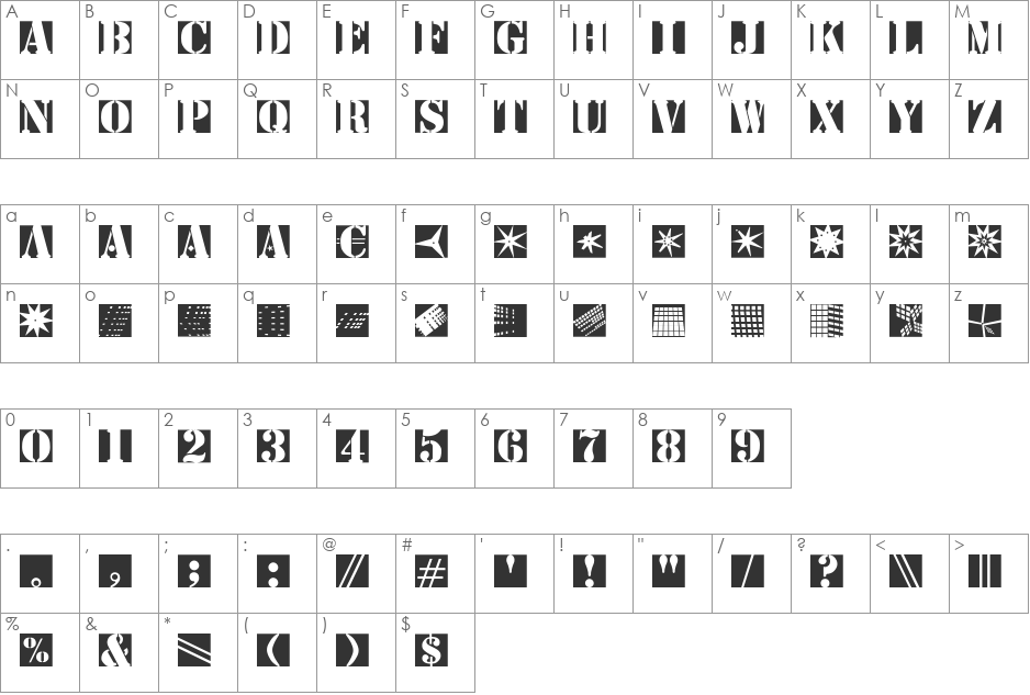 StencilBricksRandom font character map preview