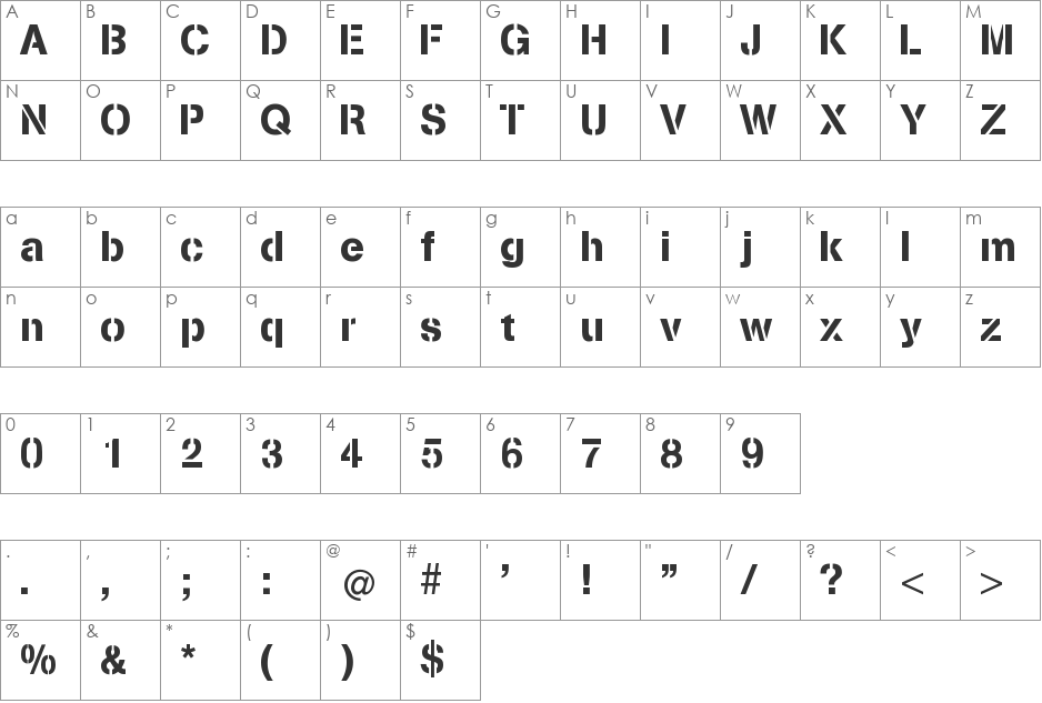 Stencilia-Bold font character map preview