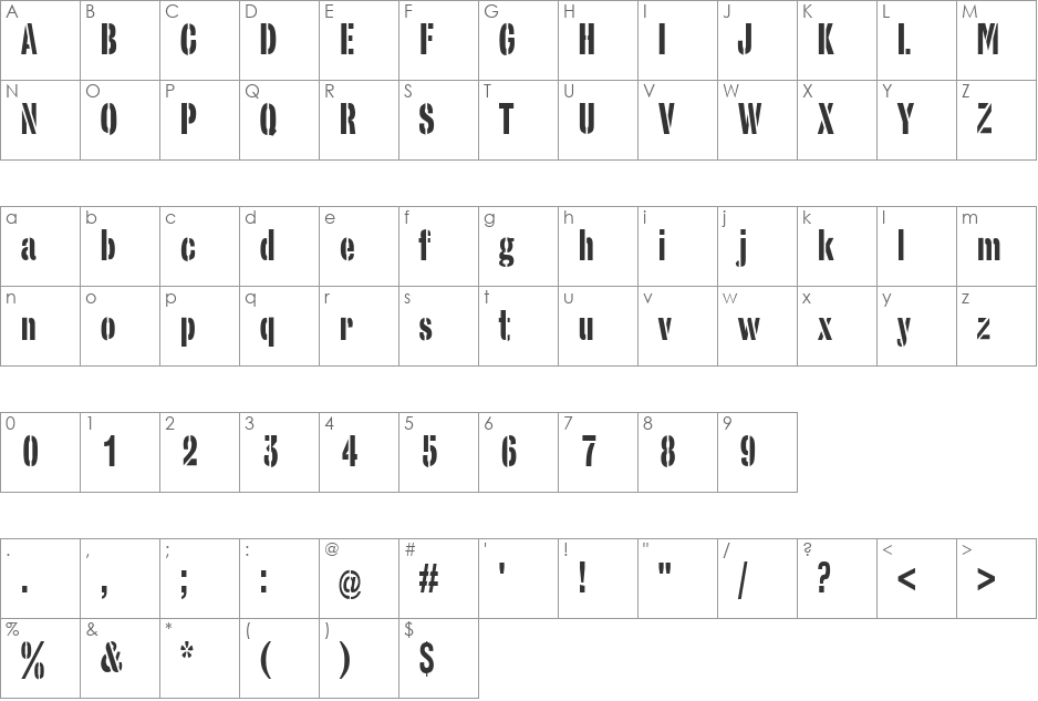 StencilSans Condensed font character map preview