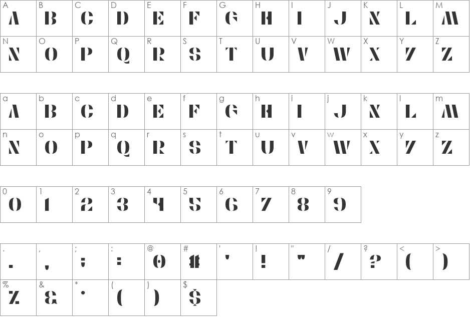 Stencylette font character map preview