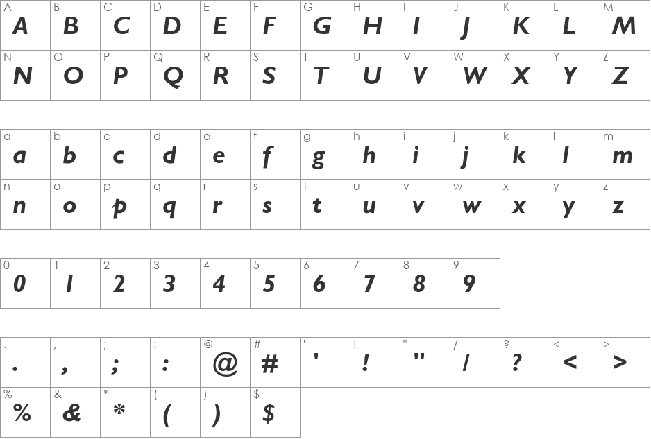 Stimmell-Italic font character map preview