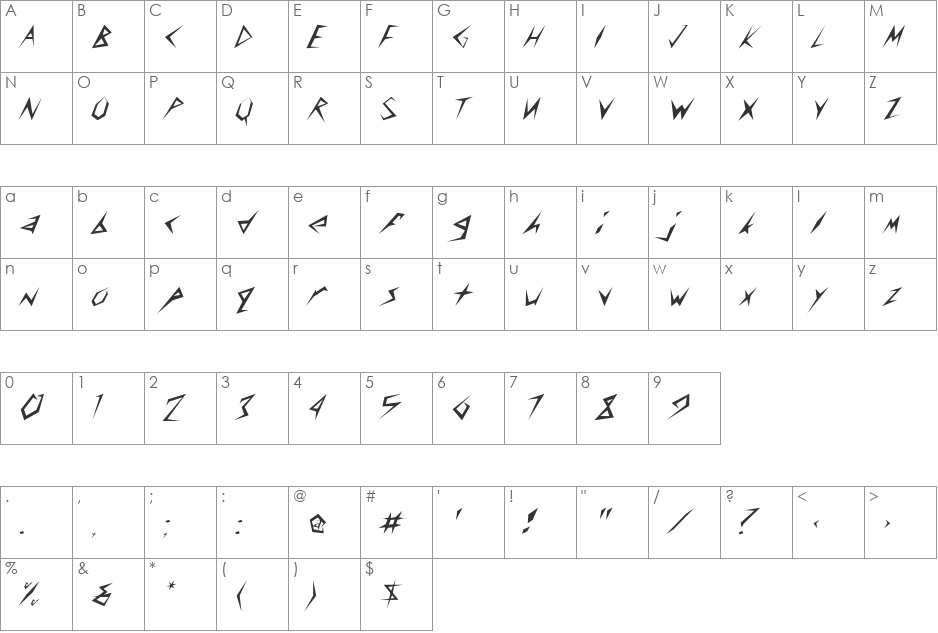 StingerLightSkewed font character map preview