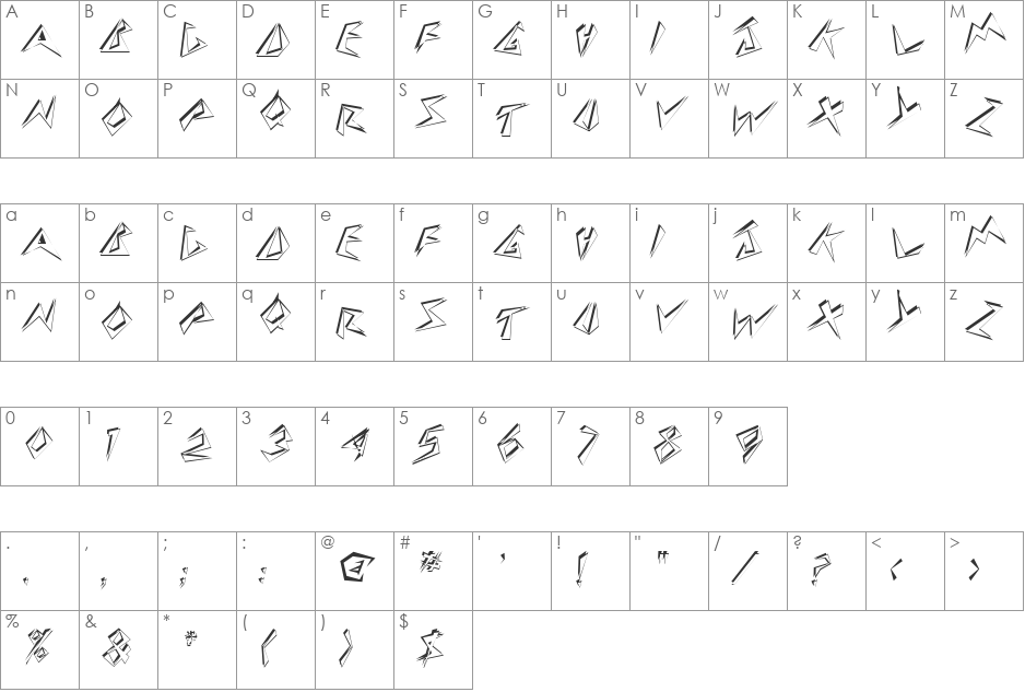 StingerShadowSkewed font character map preview