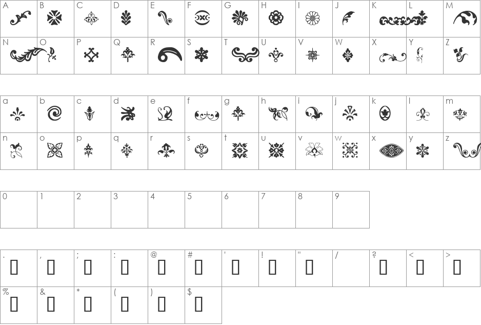 BeautifulOrnamentsThree font character map preview