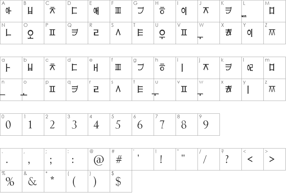 strange hangul font character map preview