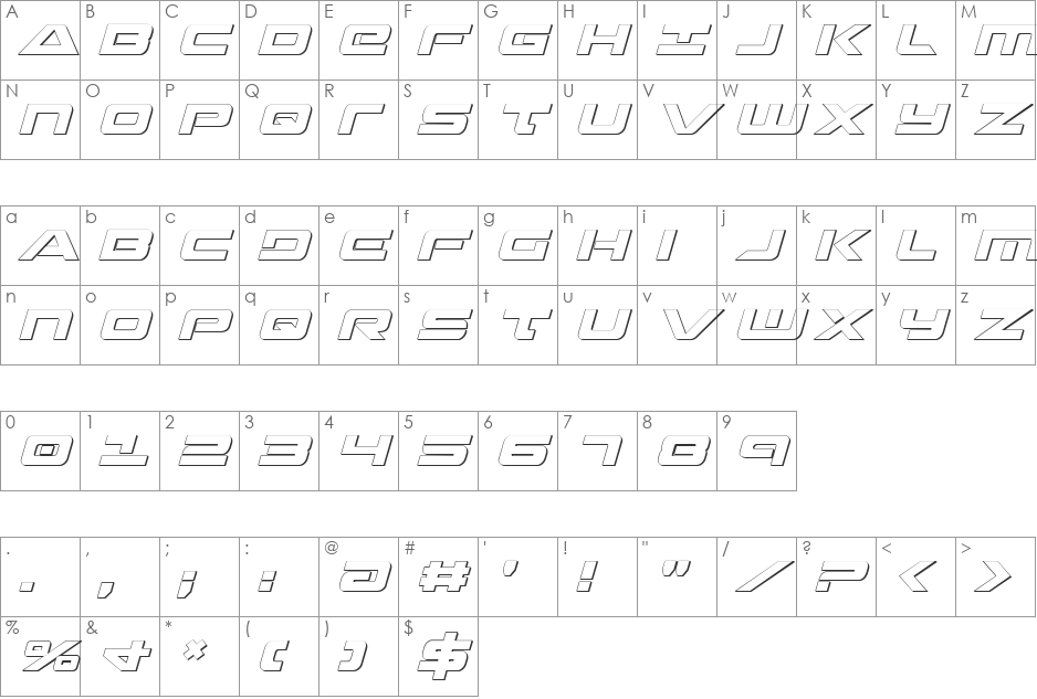 Strikelord 3D Italic font character map preview