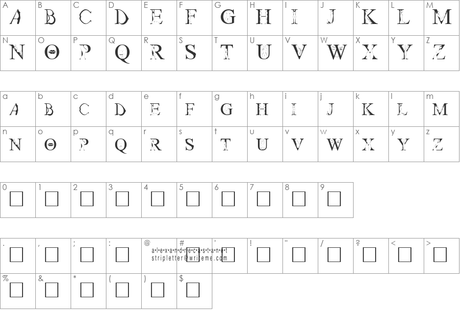 StripLetter1 font character map preview