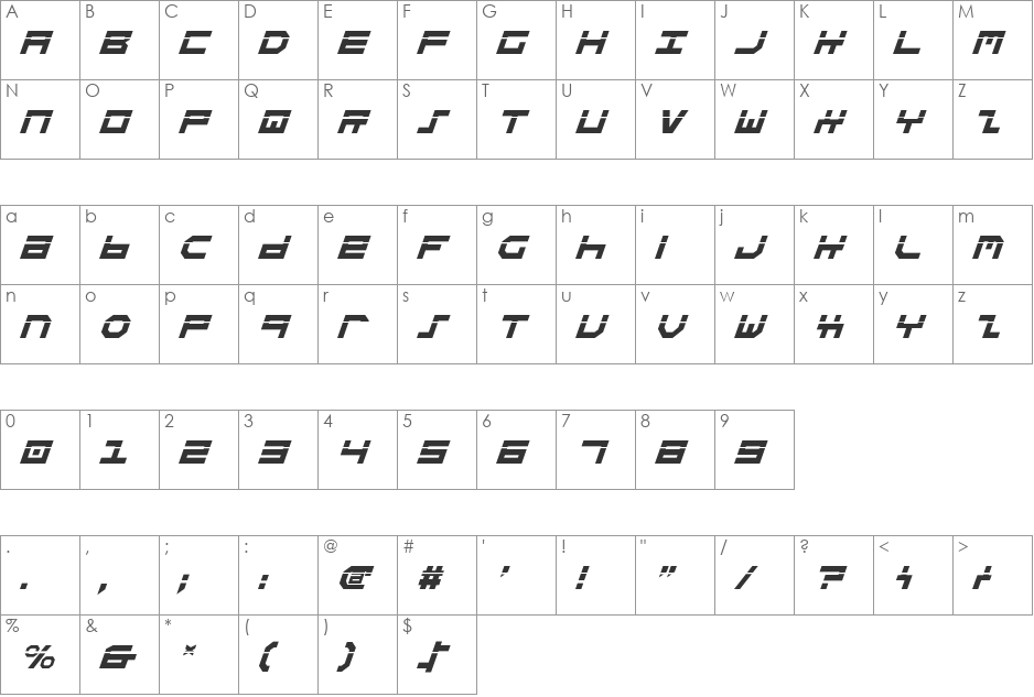 Stuntman Laser Italic font character map preview