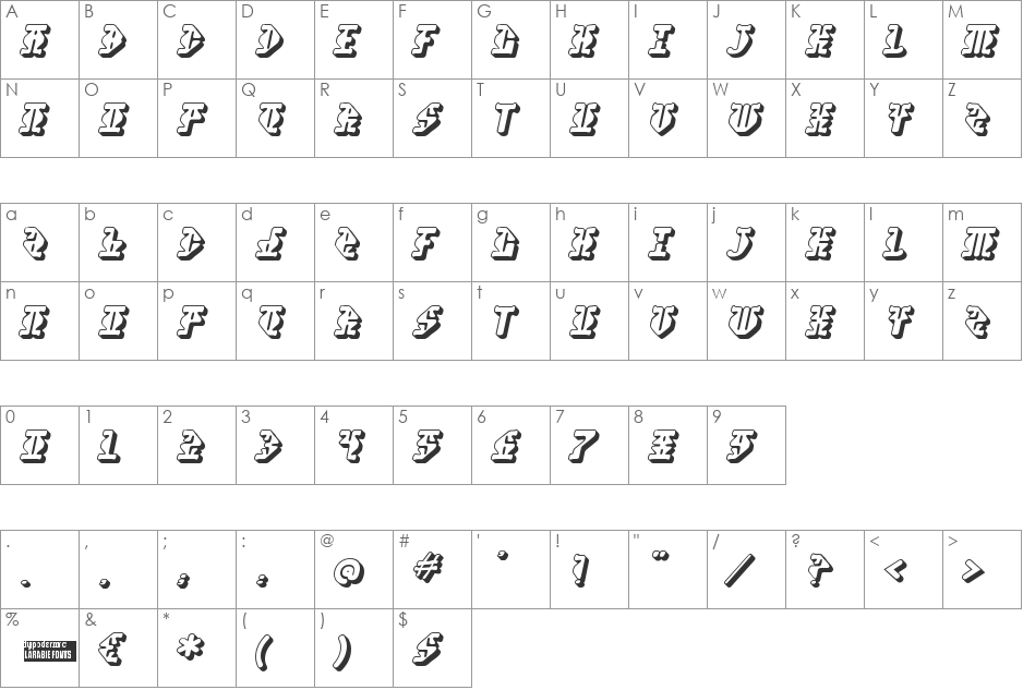 Stupefaction 3D font character map preview