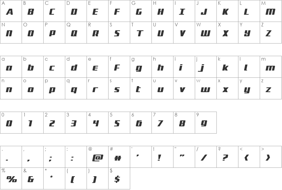 Subadai Baan Expanded Italic font character map preview