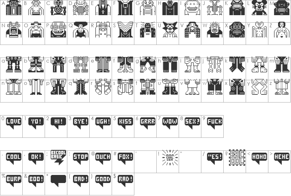 BECOOL font character map preview