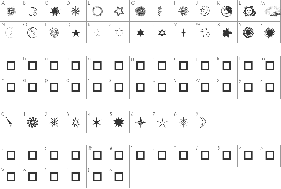 Sun, Moon & Stars font character map preview