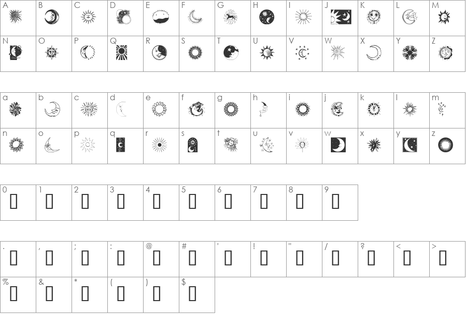 SunandMoon font character map preview