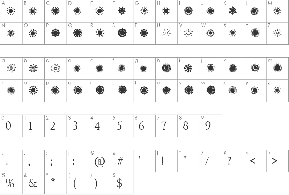 Suns and Stars font character map preview