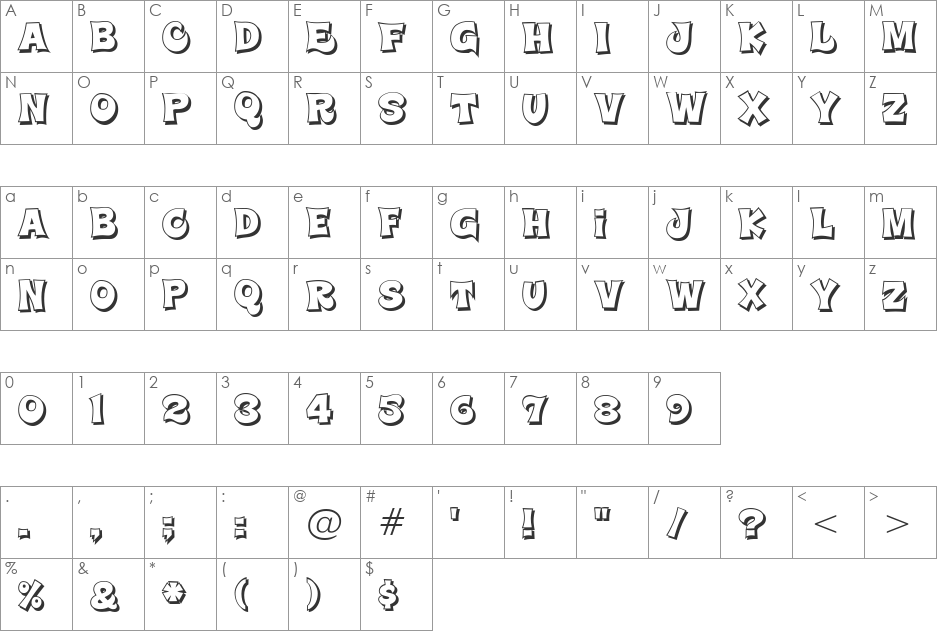 Super Delicious BTN Shadow font character map preview