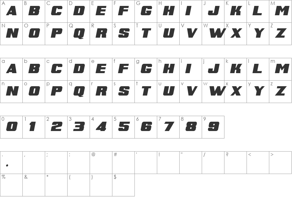 Super Retro M54 font character map preview
