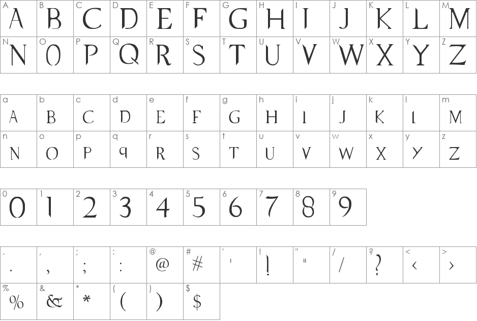 Supernatural Knight font character map preview