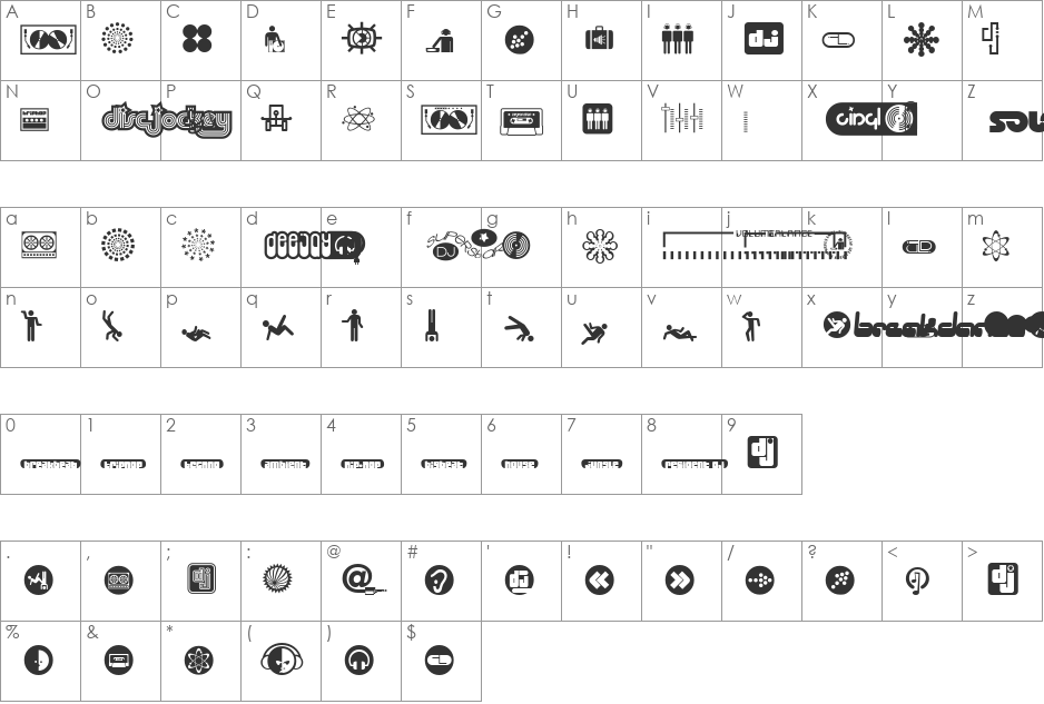 Superstar DJ font character map preview