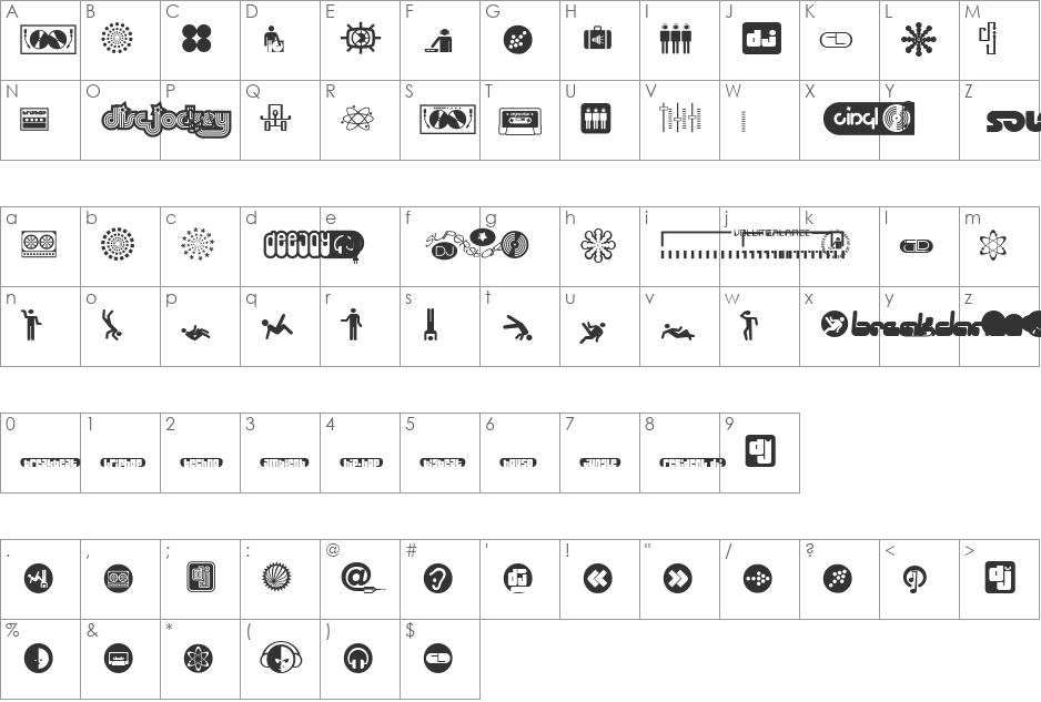 Superstar DJ font character map preview