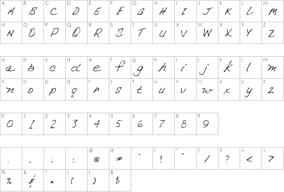SusansHand font character map preview