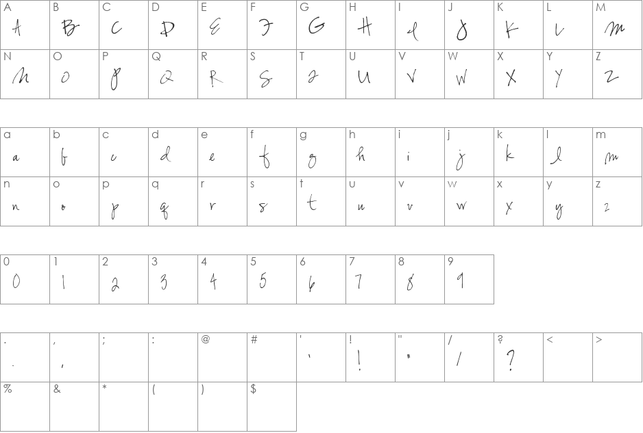 Susie's Hand font character map preview