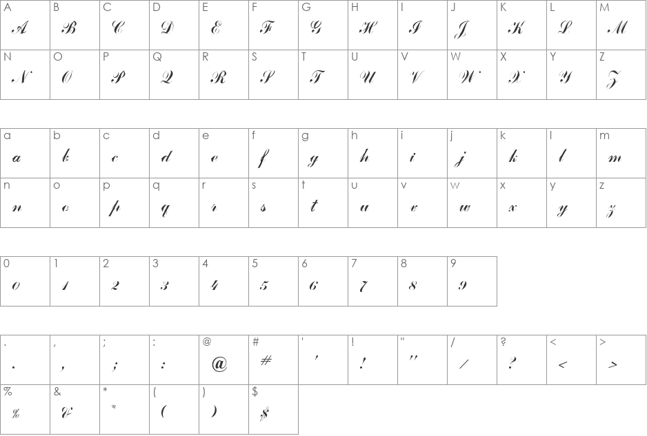 SVNcommercial Script H font character map preview