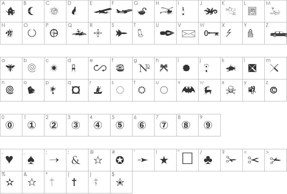 Swan font character map preview