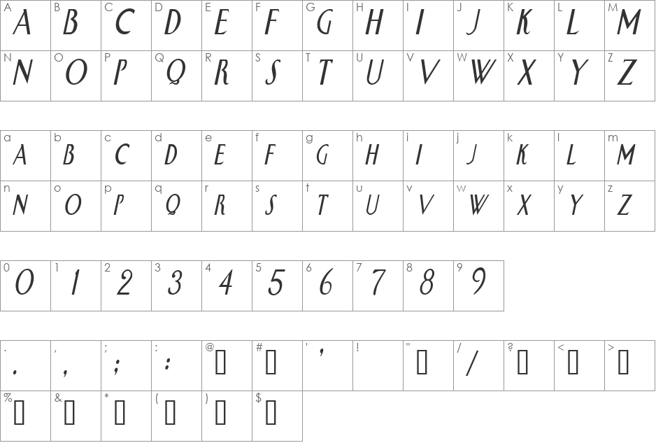 SwanCondensed font character map preview