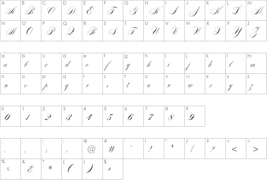 Swanson font character map preview