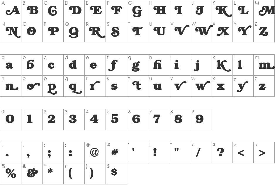 Swash font character map preview