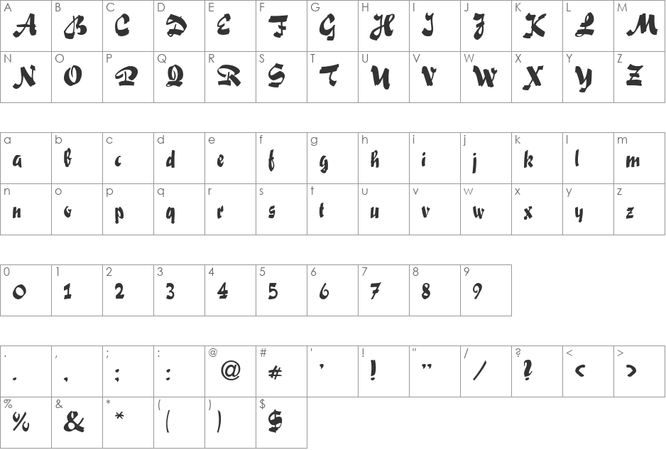 Swashett font character map preview