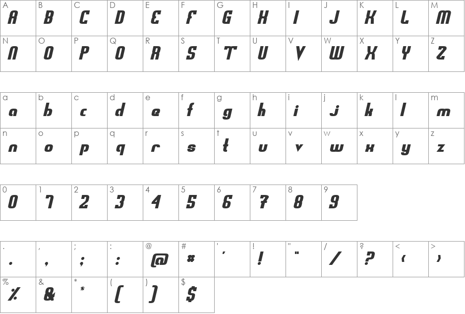 Sweden Funkis RegularOblique font character map preview