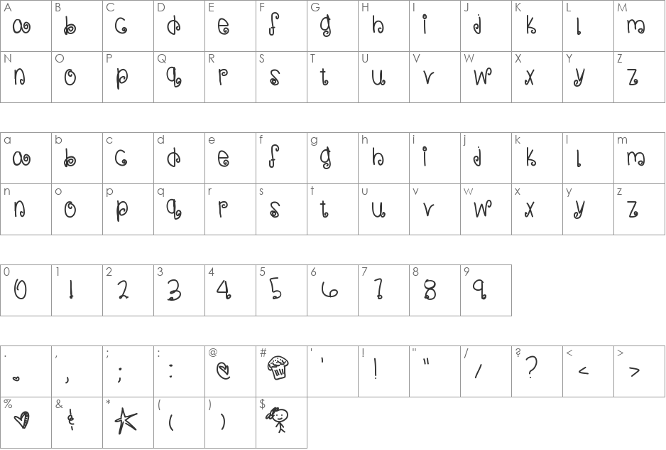 SweetMemories font character map preview