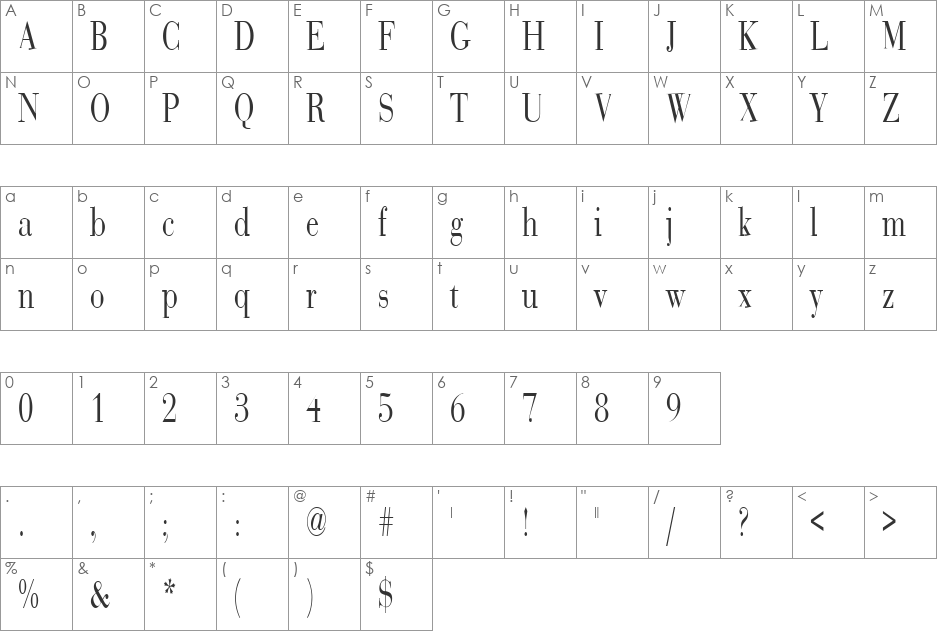 SweezCondensed font character map preview