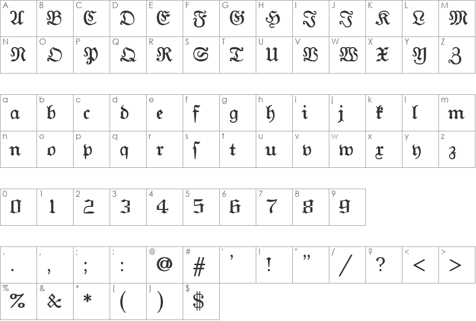 SWGothg font character map preview