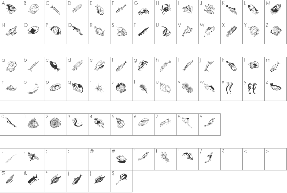 SwimmingBeautys font character map preview