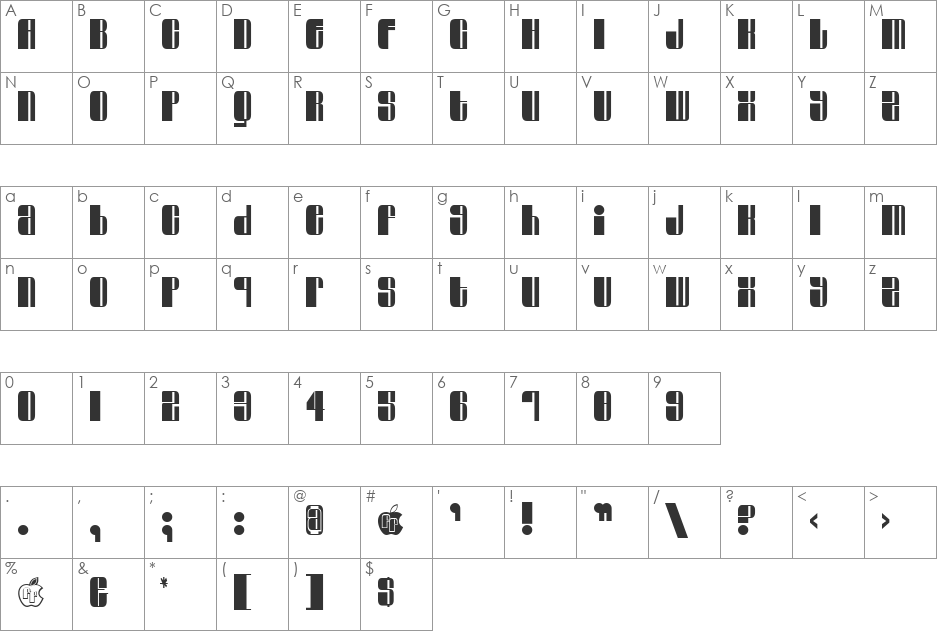 Swinger font character map preview