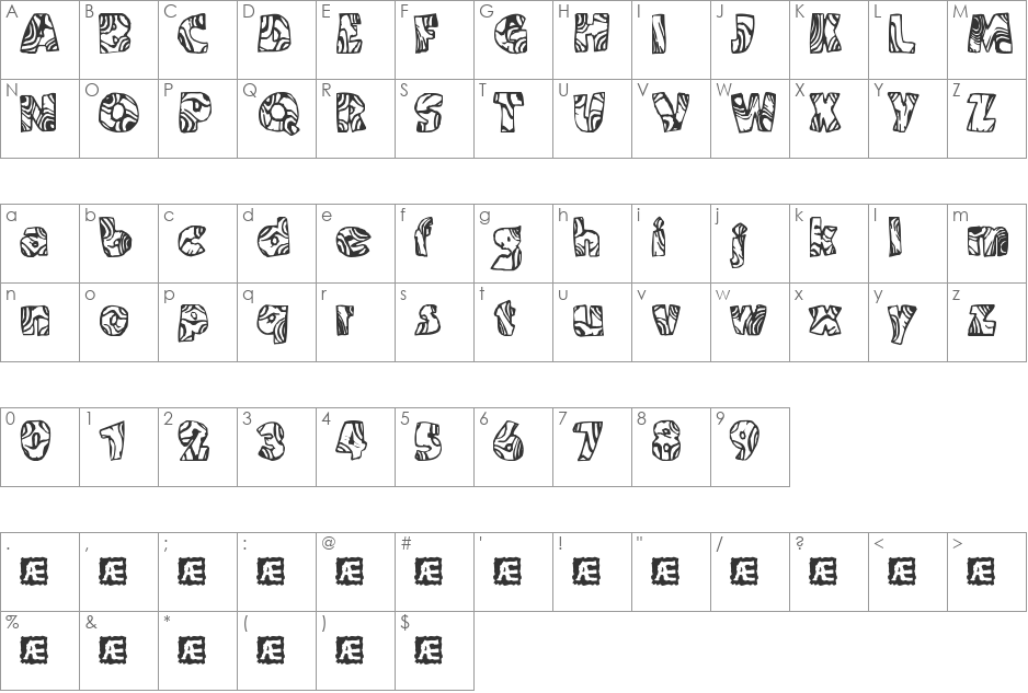 Swirled (BRK) font character map preview