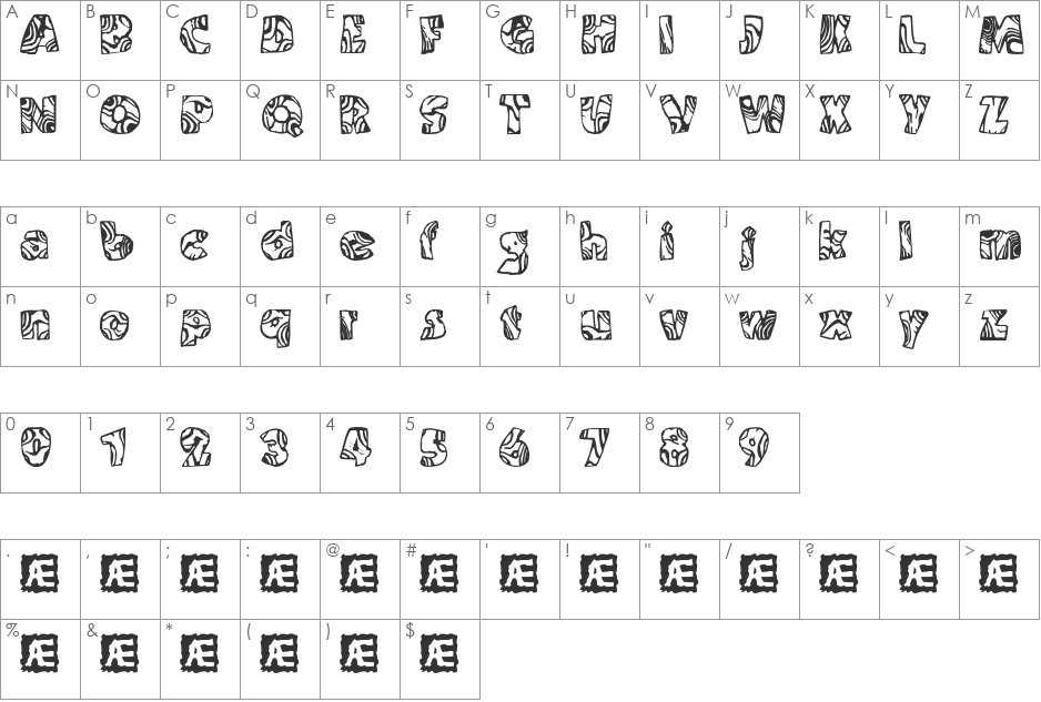 Swirled BRK font character map preview