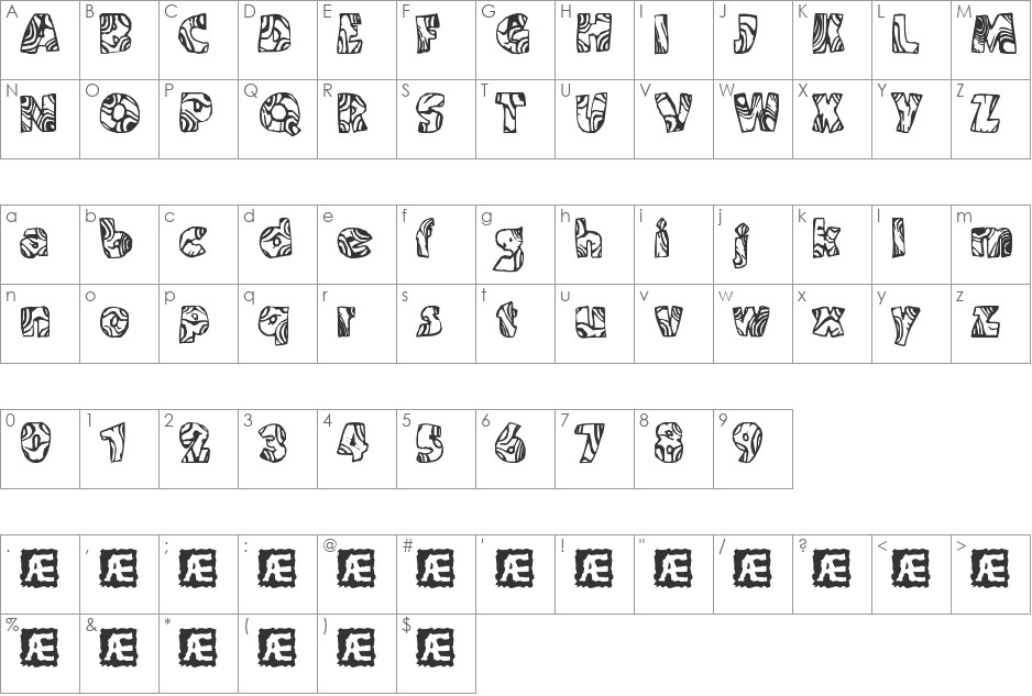 Swirled BRK font character map preview